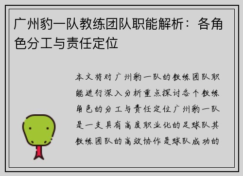 广州豹一队教练团队职能解析：各角色分工与责任定位