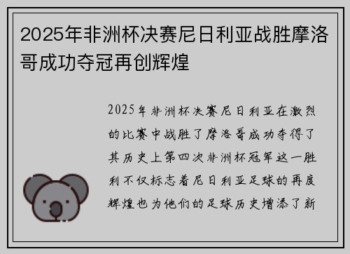 2025年非洲杯决赛尼日利亚战胜摩洛哥成功夺冠再创辉煌