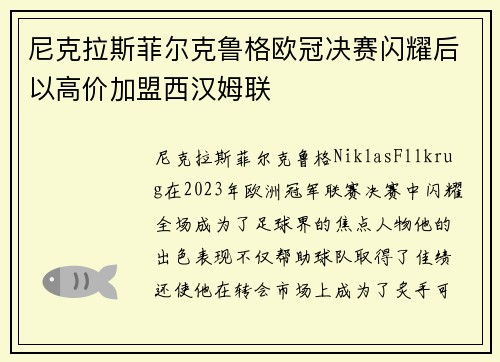 尼克拉斯菲尔克鲁格欧冠决赛闪耀后以高价加盟西汉姆联